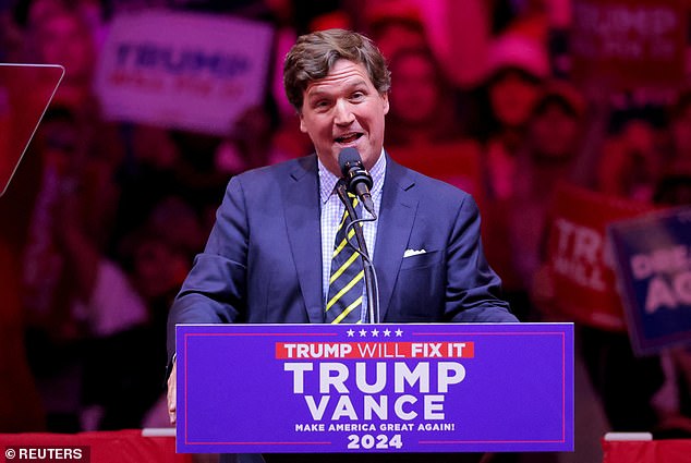 Tucker Carlson speaks during a rally for Republican presidential nominee and former U.S. President Donald Trump at Madison Square Garden