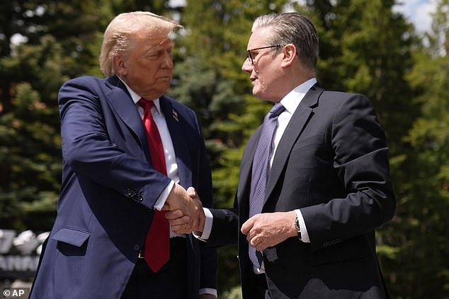 She added: 'Trump's proffered shake with Starmer looked like a close range, meaty bone-crusher with Trump's hand pushing downward diagonally in a gesture that he would see as solid, firm agreement'