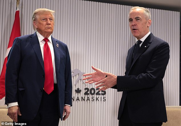Pictured: U.S. President Donald Trump and Canadian Prime Minister Mark Carney holding a bilateral meeting during the G7 Leaders' Summit