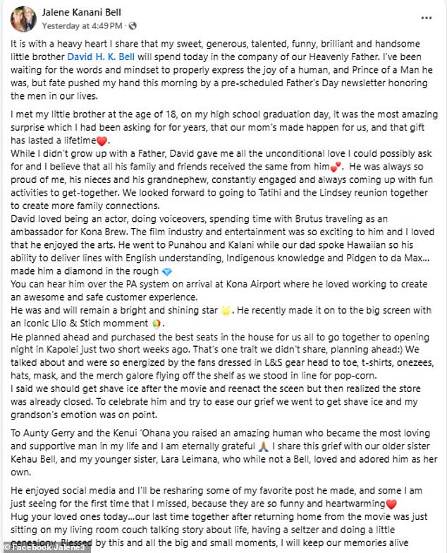 His sister paid a heartbreaking tribute to the actor
