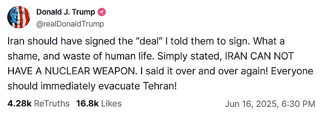 President Donald Trump had been meeting with British Prime Minister Keir Starmer and then wrote this Truth Social post. He had said at the top of his meeting with Starmer that he still hoped to ink a nuclear deal with Iran