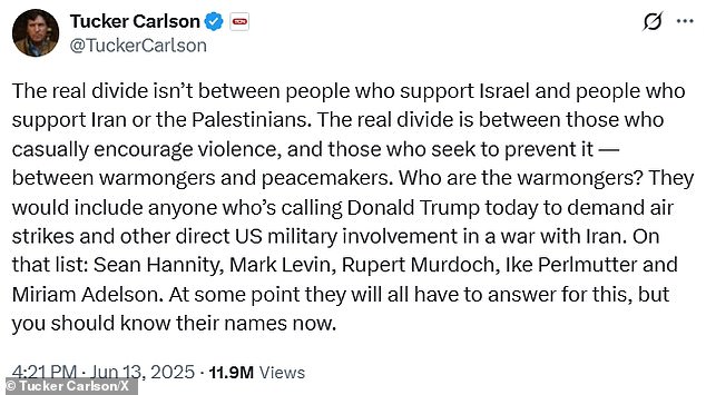 In a newsletter sent out Friday, Carlson called his long-time ally Trump 'complicit in an act of war,' while he slammed conservatives close to the president as 'warmongers' in a social media post the same day