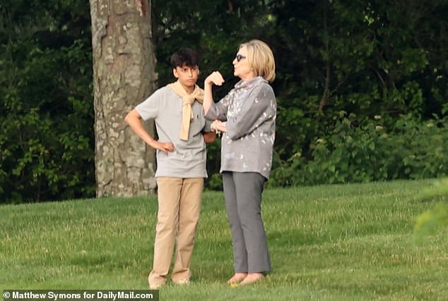Hilary Clinton (pictured) attended the rehearsal and was chatting to Huma's son, Jordan