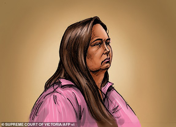 A handout sketch received from the Supreme Court of Victoria on April 29, 2025 shows Erin Patterson, an Australian woman accused of murdering three people with a toxic mushroom-laced beef Wellington, as she faces trial in a case that has grabbed global attention. Patterson, 50, who will be tried in the Latrobe Valley Law Courts in Morwell, south of Melbourne, is charged with three murders -- including both of her parents-in-law -- and one attempted murder. She has pleaded not guilty to all counts. (Photo by Paul Tyquin / SUPREME COURT OF VICTORIA / AFP) / RESTRICTED TO EDITORIAL USE - MANDATORY CREDIT "AFP PHOTO / PAUL TYQUIN / SUPREME COURT OF VICTORIA" - NO MARKETING NO ADVERTISING CAMPAIGNS - DISTRIBUTED AS A SERVICE TO CLIENTS (Photo by PAUL TYQUIN/SUPREME COURT OF VICTORIA/AFP via Getty Images)