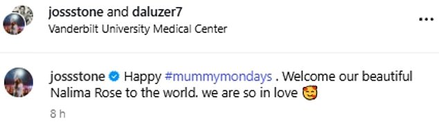 'Happy #mummymondays,' she wrote. 'Welcome our beautiful Nalima Rose to the world. we are so in love'