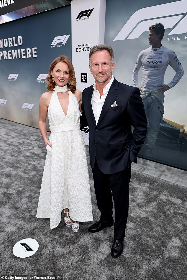 For the occasion, Geri, 52, looked elegant in a white midi dress, with a cut-out chest detail and belt that cinched in her waist