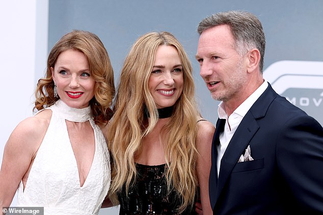 Christian, 51, cut a dapper figure in a navy suit, teamed with a crisp white shirt and black dress shoes (Geri, Kerry Condon and Christian pictured)