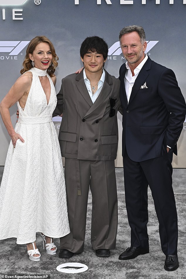 She boosted her height in matching platform heels and accessorised with silver drop earrings (Geri, Christian and Yuki Tsunoda L-R)