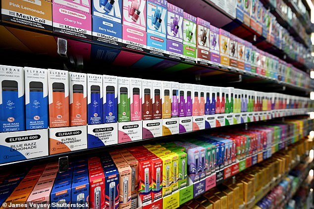 Disposable vapes are seen on sale in a shop on Oxford Street, London, in October, 2024. A ban on disposable vapes came into force on June 1