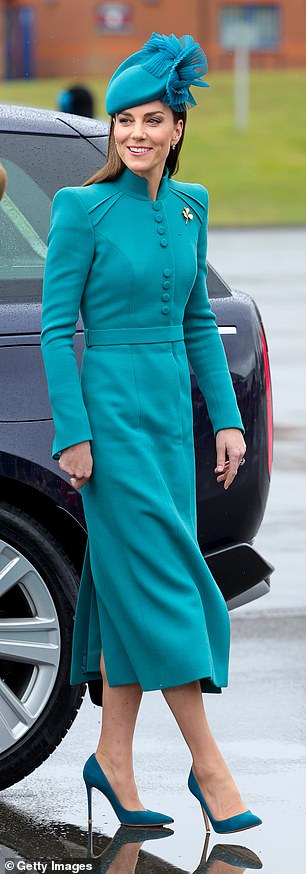 In 2023, Kate broke from her traditional dark green palette and wore a stunning head-to-toe teal ensemble for the St Patrick's Day parade
