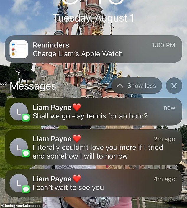 The influencer, 26, also shared a screenshot of texts Liam had sent her on August 1 gushing over his love for her, just two months before his tragic death