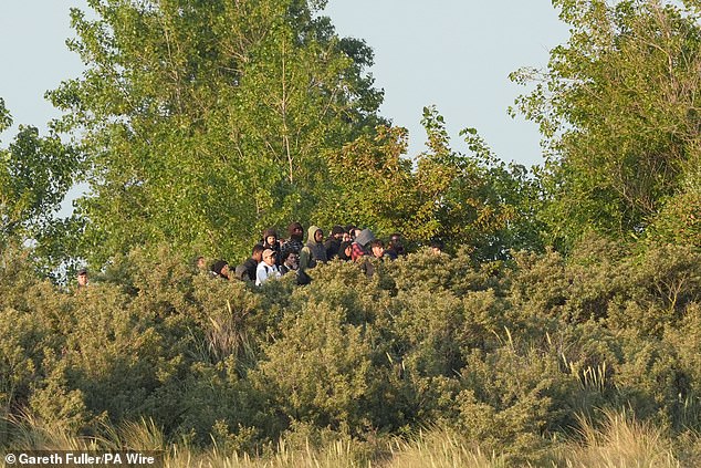 People thought to be migrants are seen in the bushes on a beach in Gravelines, France