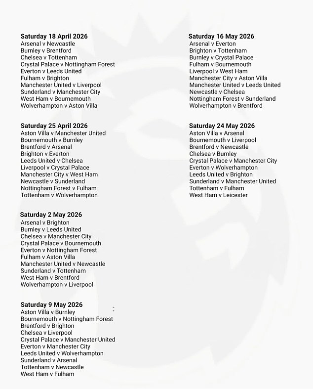 Instead of Nottingham Forest, Leicester City are listed as playing on the final day of the season
