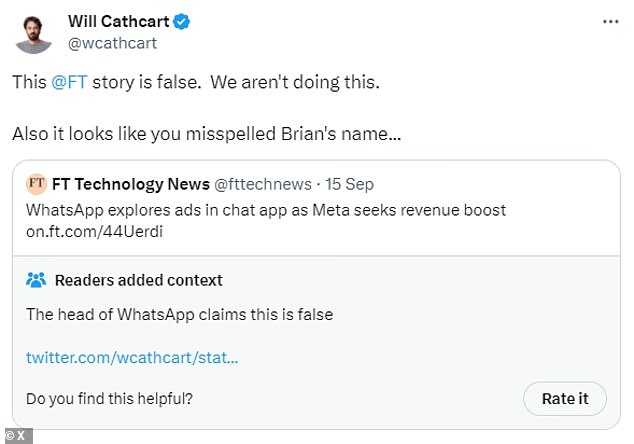 He jokingly added 'Also it looks like you misspelled Brian's name,' referring to Brian Acton, co-founder of Whatsapp'