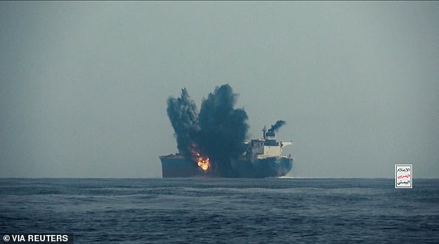 The oil tanker Cordelia Moon bursts into flames after being hit by a missile in the Red Sea last year