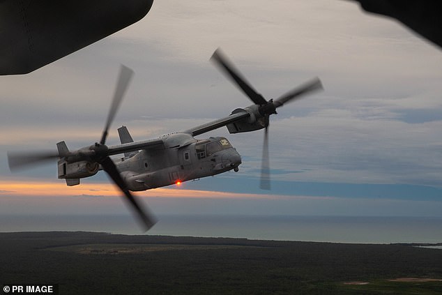 File photo shows a U.S. Marine Corps MV-22 Osprey flying over Darwin in 2022