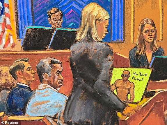 Sean "Diddy" Combs listens as Assistant U.S. Attorney Emily Johnson questions Special Agent DeLeassa Penland during Combs' sex trafficking trial in New York City, New York, U.S., June 16, 2025 in this courtroom sketch. REUTERS/Jane Rosenberg