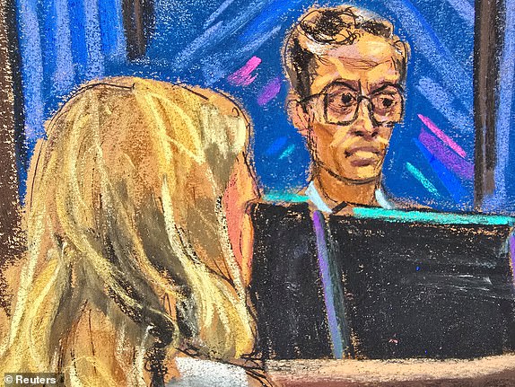 Assistant U.S. Attorney Meredith Foster questions Ananya Sankar (not seen) as U.S. District Judge Arun Subramanian presides during Sean "Diddy" Combs' sex trafficking trial in New York City, New York, U.S., June 16, 2025 in this courtroom sketch. REUTERS/Jane Rosenberg