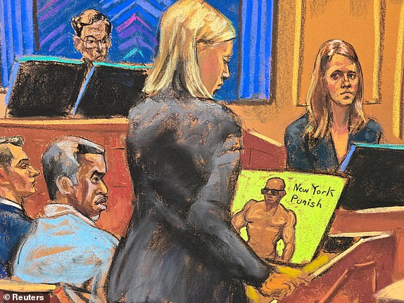 Sean "Diddy" Combs listens as Assistant U.S. Attorney Emily Johnson questions Special Agent DeLeassa Penland during Combs' sex trafficking trial in New York City, New York, U.S., June 16, 2025 in this courtroom sketch. REUTERS/Jane Rosenberg     TPX IMAGES OF THE DAY