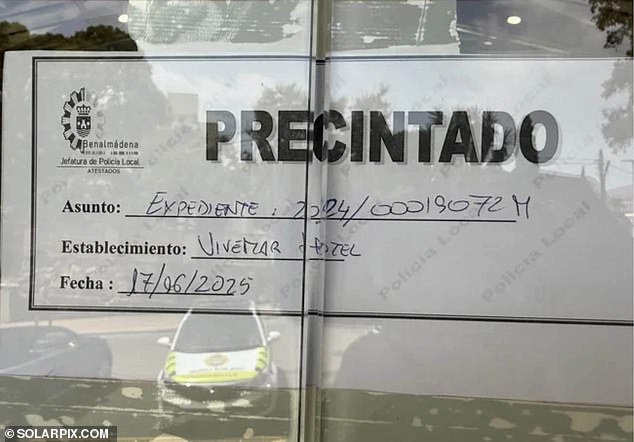 Photos today show steel cables and a large notice on the entrance to the Vivemar Hotel on the Costa del Sol saying 'precintado' or 'sealed off' in English