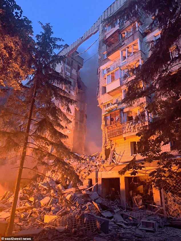 Vladimir Putin's overnight strikes demolished this nine-storey residential building and destroyed dozens of apartments