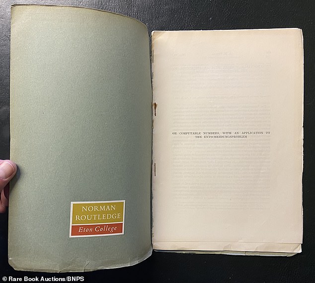 Another academic paper found in the trove. It bears the name plate of Norman Routledge, Turing's close friend