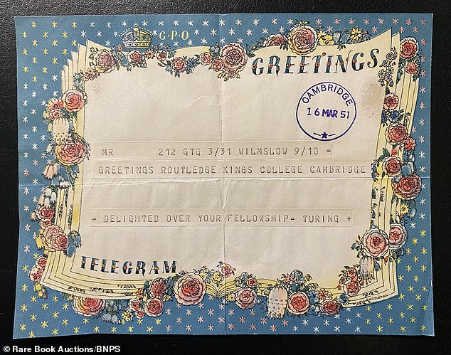 A telegram sent by Turing to Routledge. It reads: 'Delighted over your fellowship'. It was sent in March 1951