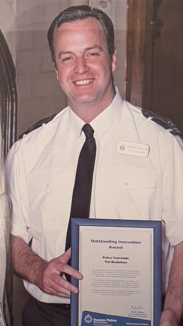 Pictured: Tim Bradshaw with his commendation at Arundel Castle in 2014. The stress of the incident and prosecution led to PC Bradshaw taking early retirement from Sussex Police after 22 years service