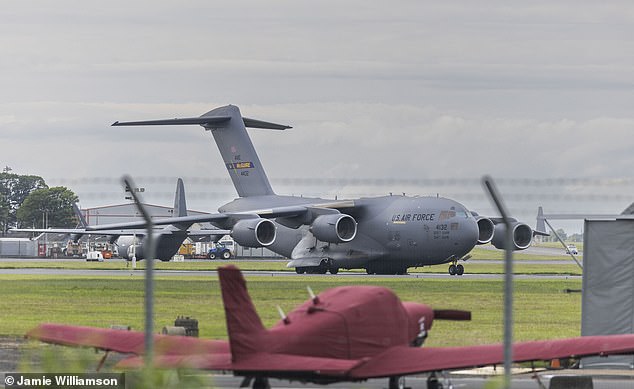 A US Air Force plane pictured at Prestwick Airport yesterday