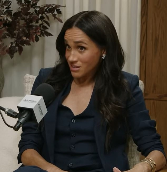 At no point in the 90-minute podcast does Meghan mention that what really catapulted her to stardom was marrying into a very famous British family