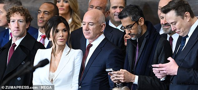 CEO of Meta and Facebook Mark Zuckerberg, Lauren Sanchez, Amazon founder Jeff Bezos, Google CEO Sundar Pichai and Tesla and SpaceX CEO Elon Musk attend the inauguration ceremony of Donald Trump in Washington, DC, on January 20, 2025