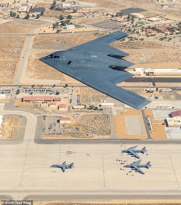 The Spirit of Pennsylvania B-2 Spirit assigned to the 419th Flight Test Squadron flies over Edwards Air Force Base, California