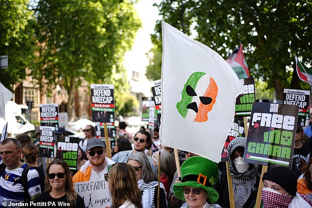Supporters of Kneecap's Liam Og O Hannaidh outside Westminster Magistrates' Court today