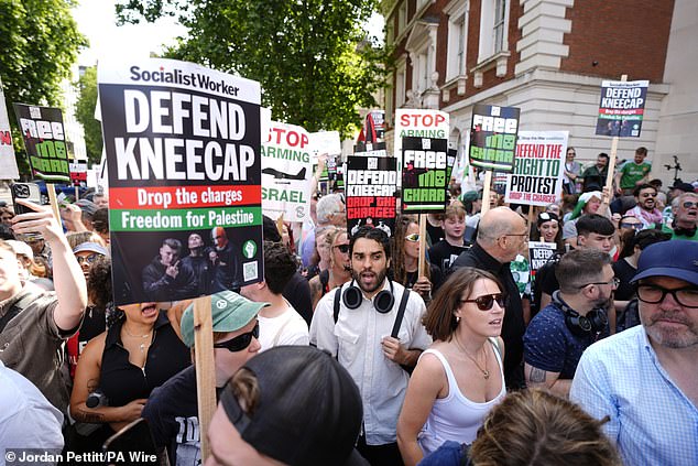 Supporters of Kneecap's Liam Og O Hannaidh outside Westminster Magistrates' Court today