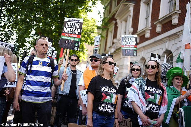 Supporters of Kneecap's Liam Og O Hannaidh outside Westminster Magistrates' Court today