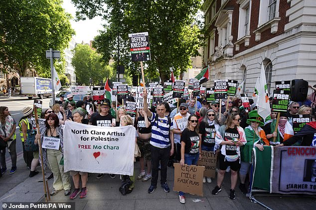 Supporters of Kneecap's Liam Og O Hannaidh outside Westminster Magistrates' Court today