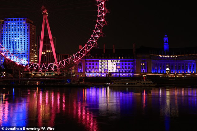 A projection on the side of County Hall next to the London Eye supporting Og O Hannaidh