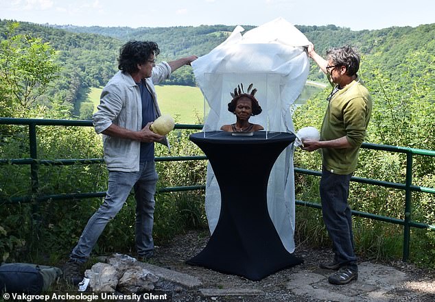 Researchers from the ROAM project (a Regional Outlook on Ancient Migration), an interdisciplinary project involving archaeologists, bioanthropologists, geneticists and artists, collaborated with Dutch artists Kennis & Kennis on the reconstruction. Pictured is the unveiling in Dinant, Belgium, June 16, 2025