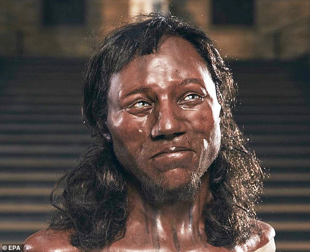 This sculpture depicts the face of Cheddar Man, a Mesolithic hunter whose remains were found at Gough's Cave in Cheddar Gorge, Somerset in 1903