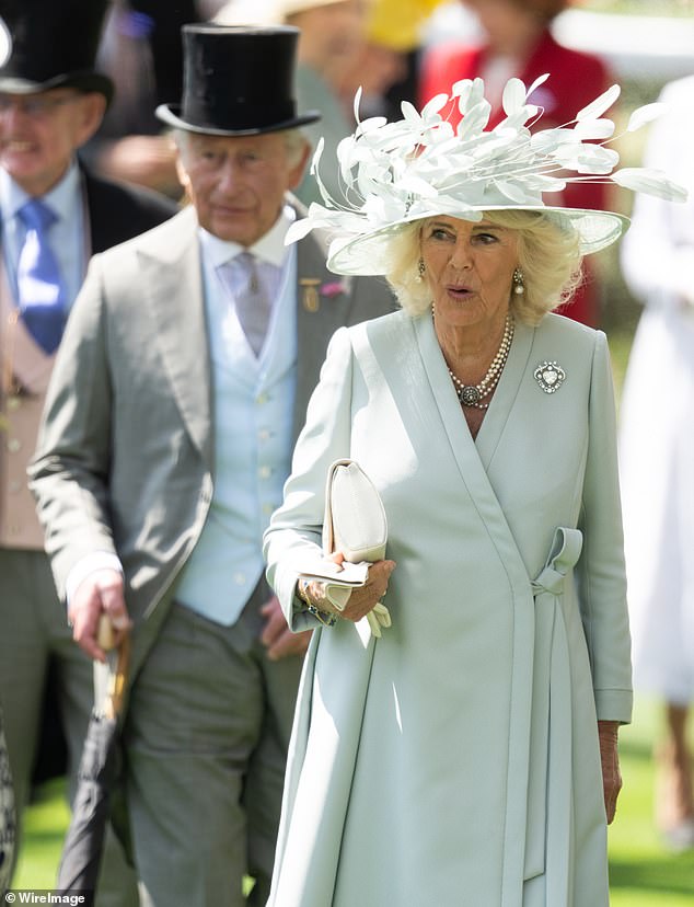 The King and Queen (pictured at Ascot) rode in the first carriage with Prince Faisal, a member of the Saudi royal family , and Lady Sarah, one of Camilla's official companions