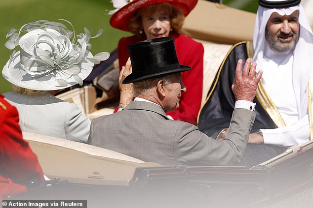 King Charles, Queen Camilla, Lady Sarah Keswick and Saudi Arabia's Prince Faisal bin Salman Al Saud during the royal procession