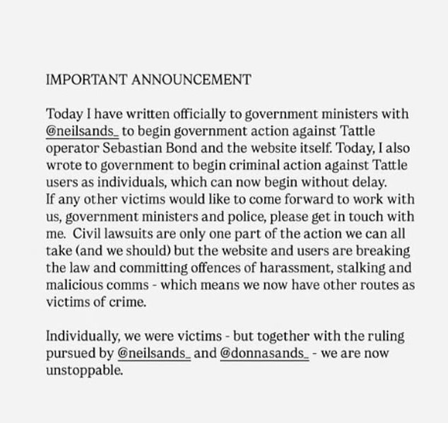 Katie reshared Dr Jessica Taylor's announcement to her story, which explained that she and Neil Sands were beginning government action against Sebastian and the website itself