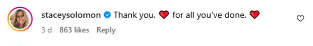Stacey Solomon wrote: 'Thank you. ¿¿ for all you¿ve done'