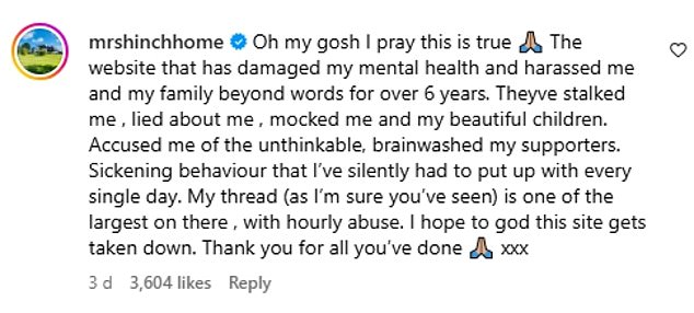 Influencer Sophie Hinchliffe penned: 'The website that has damaged my mental health and harassed me and my family beyond words for over 6 years'