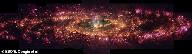 Here, experts have enhanced the image by assigning colours to different wavelengths of light, which are naked to the human eye. This false-colour composition shows specific wavelengths of light released by hydrogen, nitrogen, sulphur and oxygen. The pink light represents gas excited by the radiation of newborn stars, while the cone of whiter light at the centre is caused by an outflow of gas from the black hole at the galaxy¿s core.