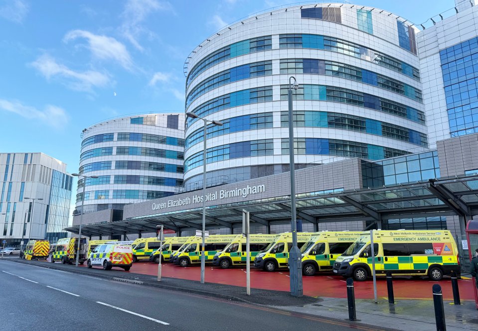A row of ambulances parked outside Queen Elizabeth Hospital, Birmingham, this afternoon.  January 7, 2024.  Release date  January 7, 2025.  A critical incident has been declared at the University Hospitals Birmingham NHS Trust.  It follows a number of NHS trusts in England which have declared critical incidents amid exceptionally high demands on emergency departments.  Critical incidents can be declared when health and care services are so busy that special measures are needed to restore normal operations and keep patients safe.