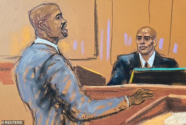 Hayes (R) is questioned by defense attorney Xavier Donaldson (L) on May 20, 2025, as shown in this court artist drawing