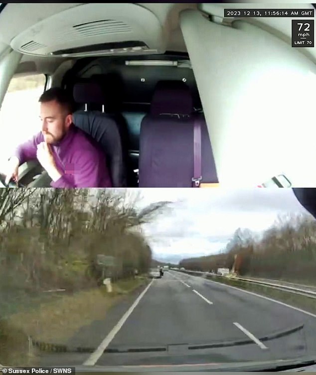 The van driver was caught on camera scrolling through social media on his phone