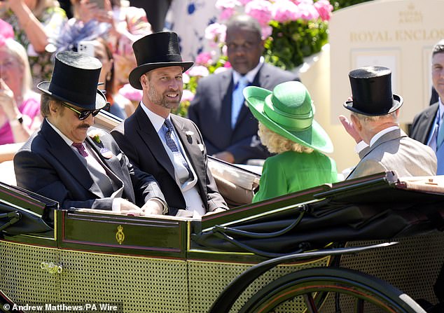 Prince Saud bin Khalid Al-Saud, the Prince of Wales, Queen Camilla and King Charles arriving by carriage at Ascot