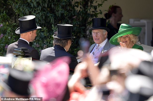 The Prince of Wales, Prince Saud bin Khalid Al-Saud, King Charles III and Queen Camilla arriving by carriage to the racecourse